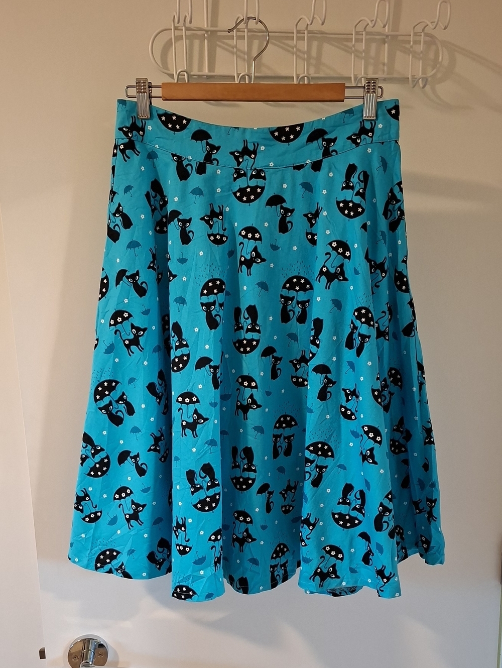 Voodoo Vixen Retro-inspired Blue Circle Skirt w/ Black Cat Design (Size US 10)